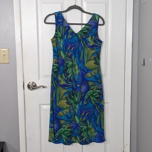Maggy London 100% Silk Blue and Green Tropical Leaf Vintage Midi Dress Size 6 - Picture 1 of 5